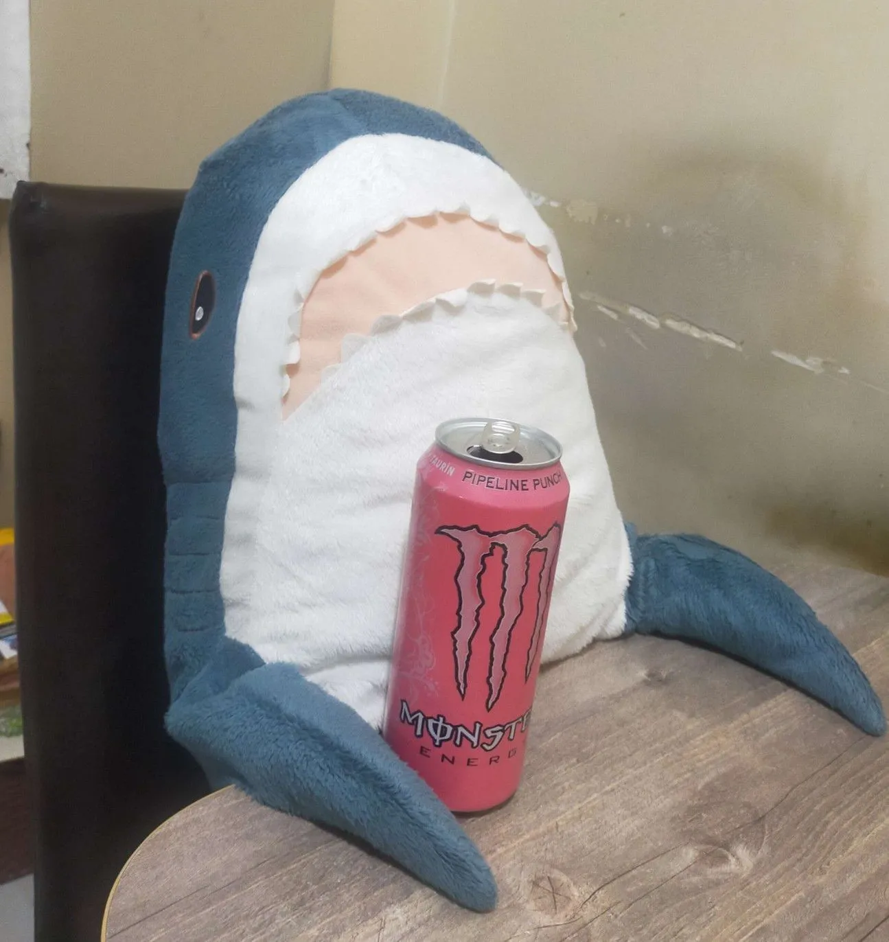 Plush toy shark holding a Pipeline Punch Monster Energy can